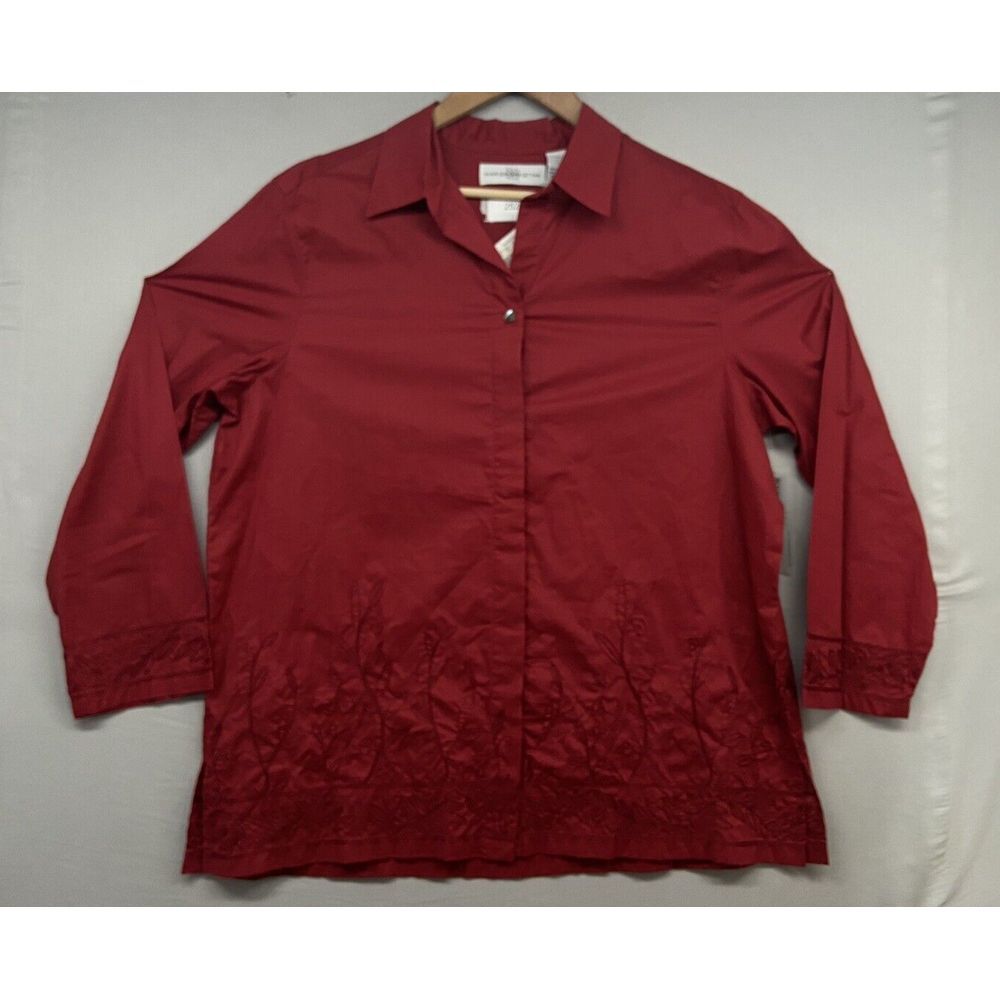 Marisa Christina Button Shirt Women XL Red Floral Embroider Long Sleeve MSRP $88